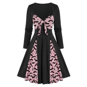 

Vintage Halloween Bowknot Bat Print Pin Up Dress, Black