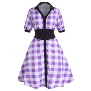 

Contrast Collar Plaid Button Up Plus Size Shirt Dress, Purple