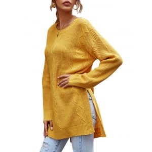 

Crewneck Side Slit Stepped Hem Tunic Sweater, Yellow