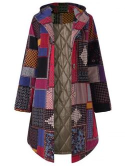 Plus Size Patchwork Hooded Coat - RED - L