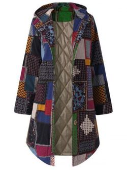 Plus Size Patchwork Hooded Coat - GREEN - L