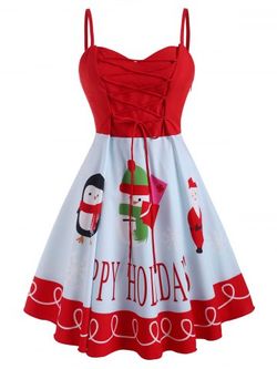 Christmas Snowman Santa Claus Lace Up Plus Size Cami Dress - RED - 3X