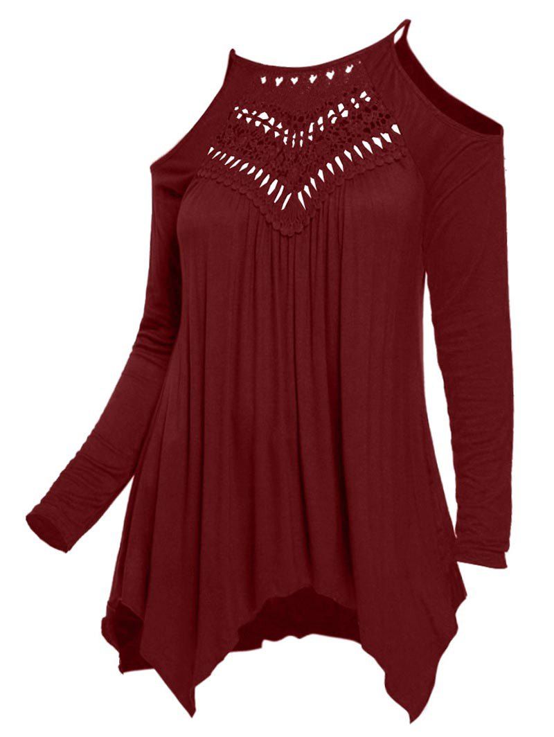 

Solid Lace Panel Cold Shoulder Plus Size Top, Deep red