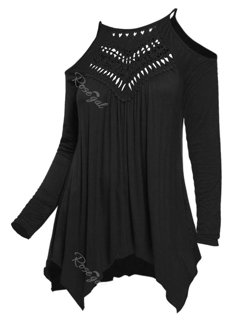 

Solid Lace Panel Cold Shoulder Plus Size Top, Black