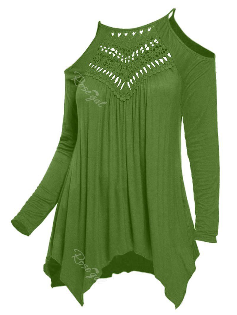 

Solid Lace Panel Cold Shoulder Plus Size Top, Green
