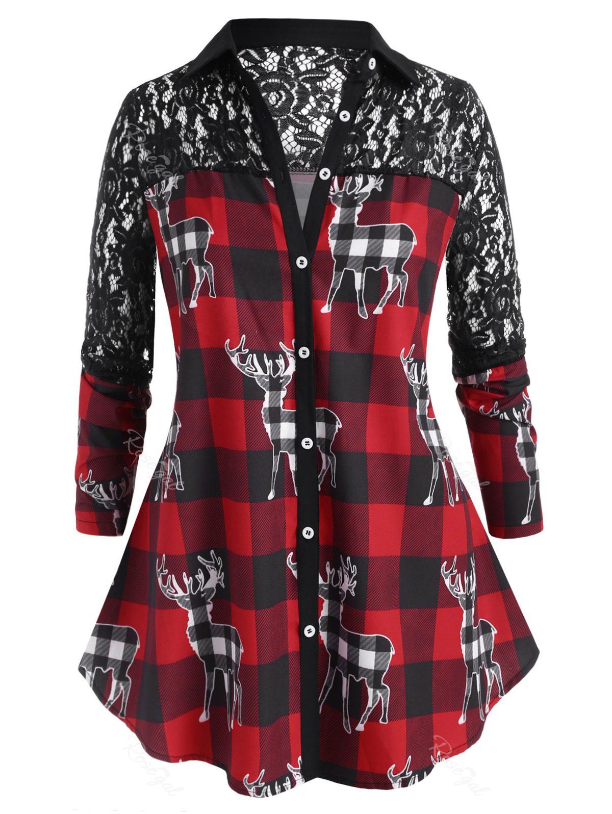 

Lace Panel Plaid Elk Print Christmas Plus Size Shirt, Red