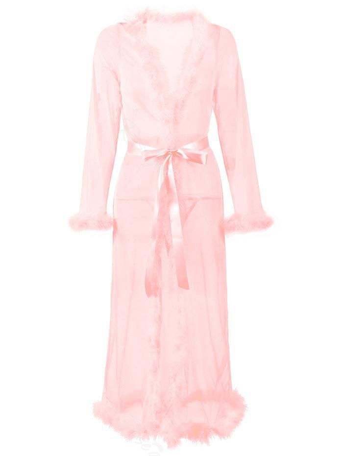 

Plus Size Feather Trim Belted Mesh Lingerie Gown, Light pink