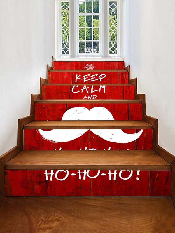 Autocollants d'Escaliers Décoratifs Imprimé Barbe de Noël Multi 6pcs x 39 x 7 pouces (Sans Cadre)