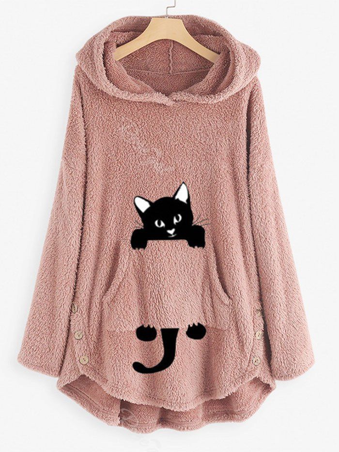 

Plus Size High Low Cat Pattern Plush Hoodie, Light pink