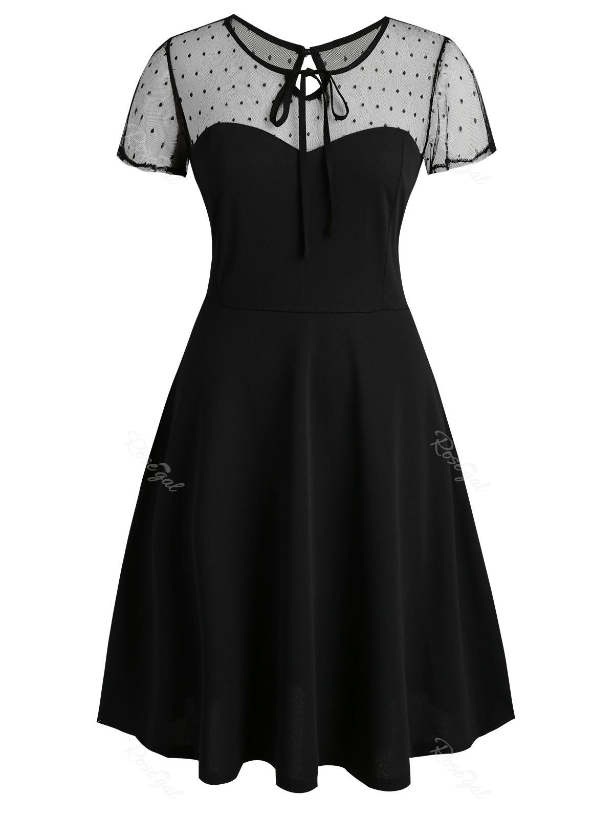 

Keyhole Back Dotted Mesh Tie Collar Plus Size Dress, Black