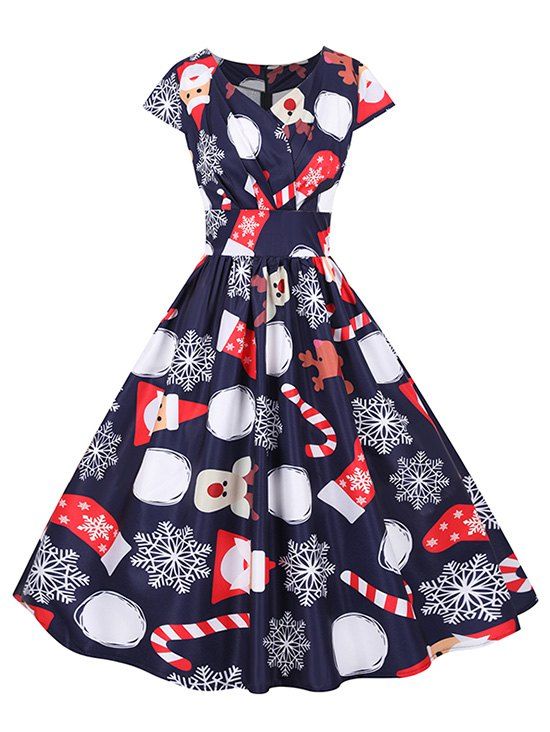 

Christmas Santa Claus Elk Snowflake Cap Sleeve Dress, Midnight blue