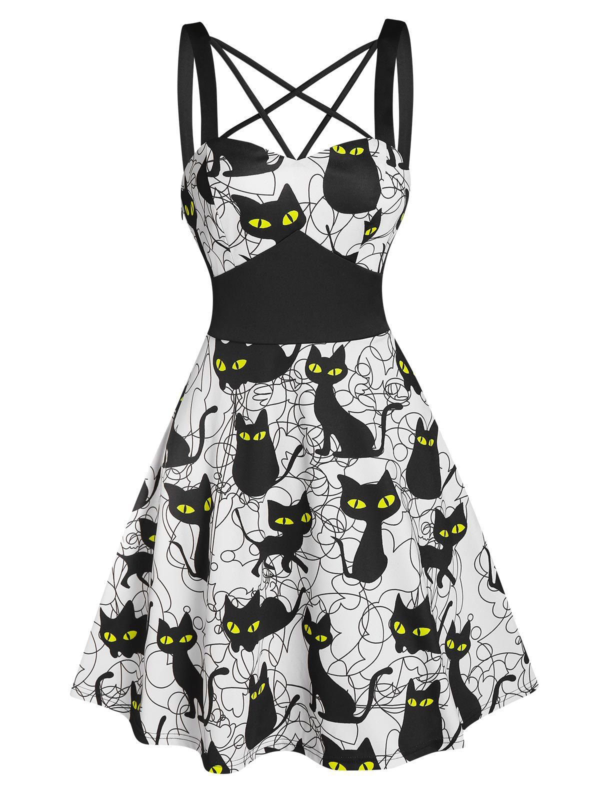 

Strappy Crisscross Halloween Cat Print Dress, White