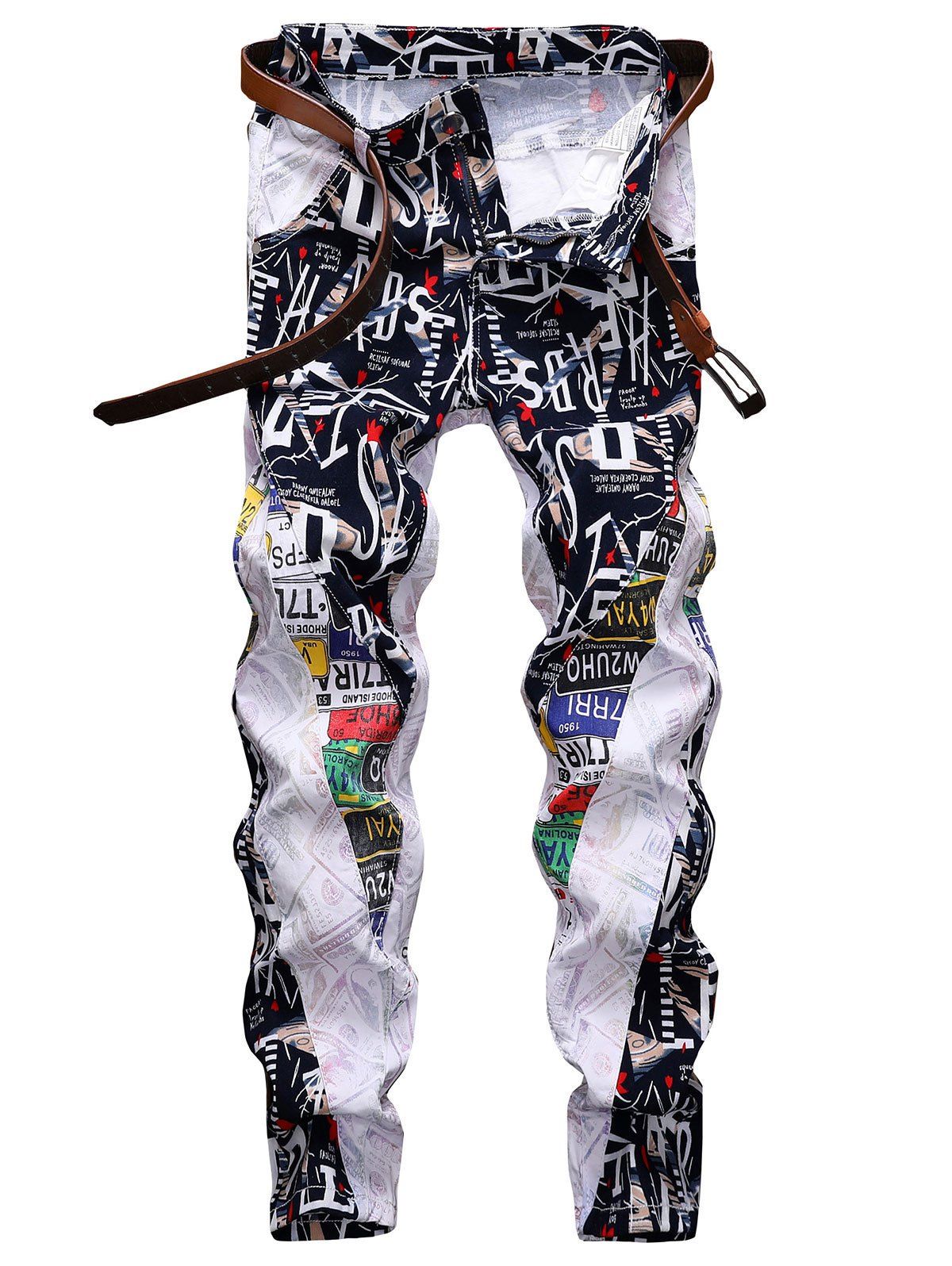 

Letter Graphic Patchwork Long Denim Pants, White