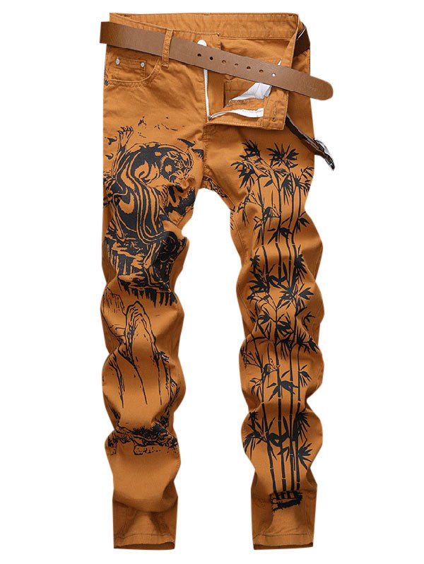 

Tiger Bamboo Mountain Print Long Jeans, Dark orange