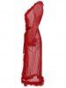 Couverture Lingerie Ceinturée en Maille à Ourlet avec Plume de Grande Taille - Rouge foncé L