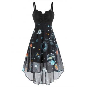 

Scalloped Hem Star Planet Print High Low Dress, Black
