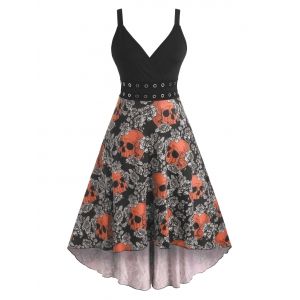 

Halloween Skull Floral Print Grommets High Low Dress, Halloween orange