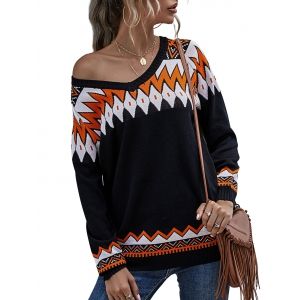 

V Neck Geo Pattern Raglan Sleeve Sweater, Black