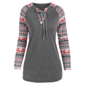 

Hallowmas Elk Snowflake Lace-up Long Sleeve Top, Gray