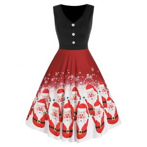 

Christmas Santa Claus Print Flare Dress, Red