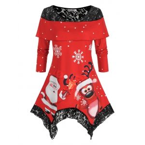 

Plus Size Christmas Santa Claus Elk Lace Insert Handkerchief T Shirt, Red