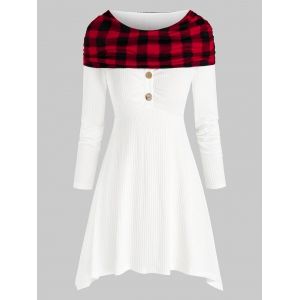 

Plus Size Foldover Plaid Knitwear, White