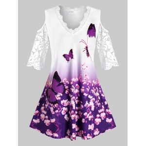 

Plus Size Flower Butterfly Print Cold Shoulder Lace Insert T Shirt, Concord