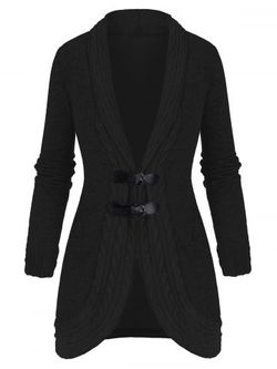 Buckled Shawl Collar Cable Knit Cardigan - BLACK - S