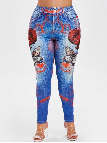 

Plus Size Butterfly Skull Rose 3D Print High Waisted Jeggings, Blue