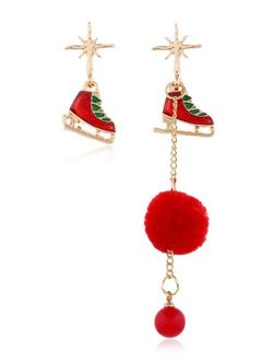 Christmas Asymmetric Pom Pom Dangle Earrings - RED