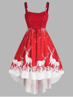 Plus Size Christmas Elk Snowflake Lace Up High Low Dress - RED - L