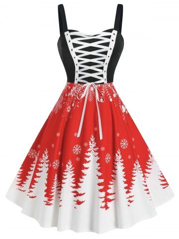 Christmas Tree Print Lace Up Dress - RED - XL