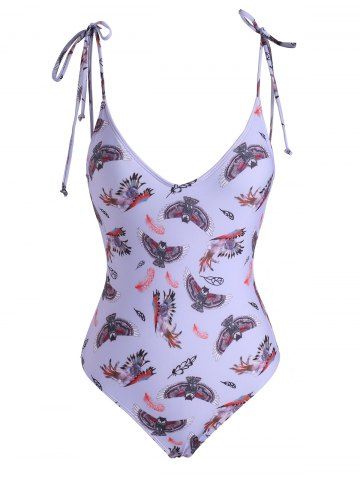 Tie Shoulder Feather Owl Print Backless One-piece Swimsuit - LIGHT PURPLE - M