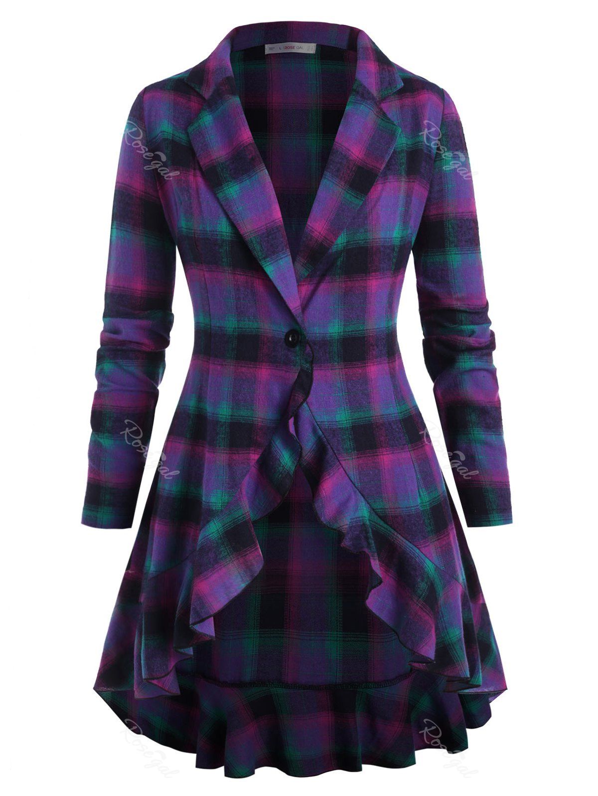 

One Buttoned Plaid Ruffles Plus Size Blazer, Purple