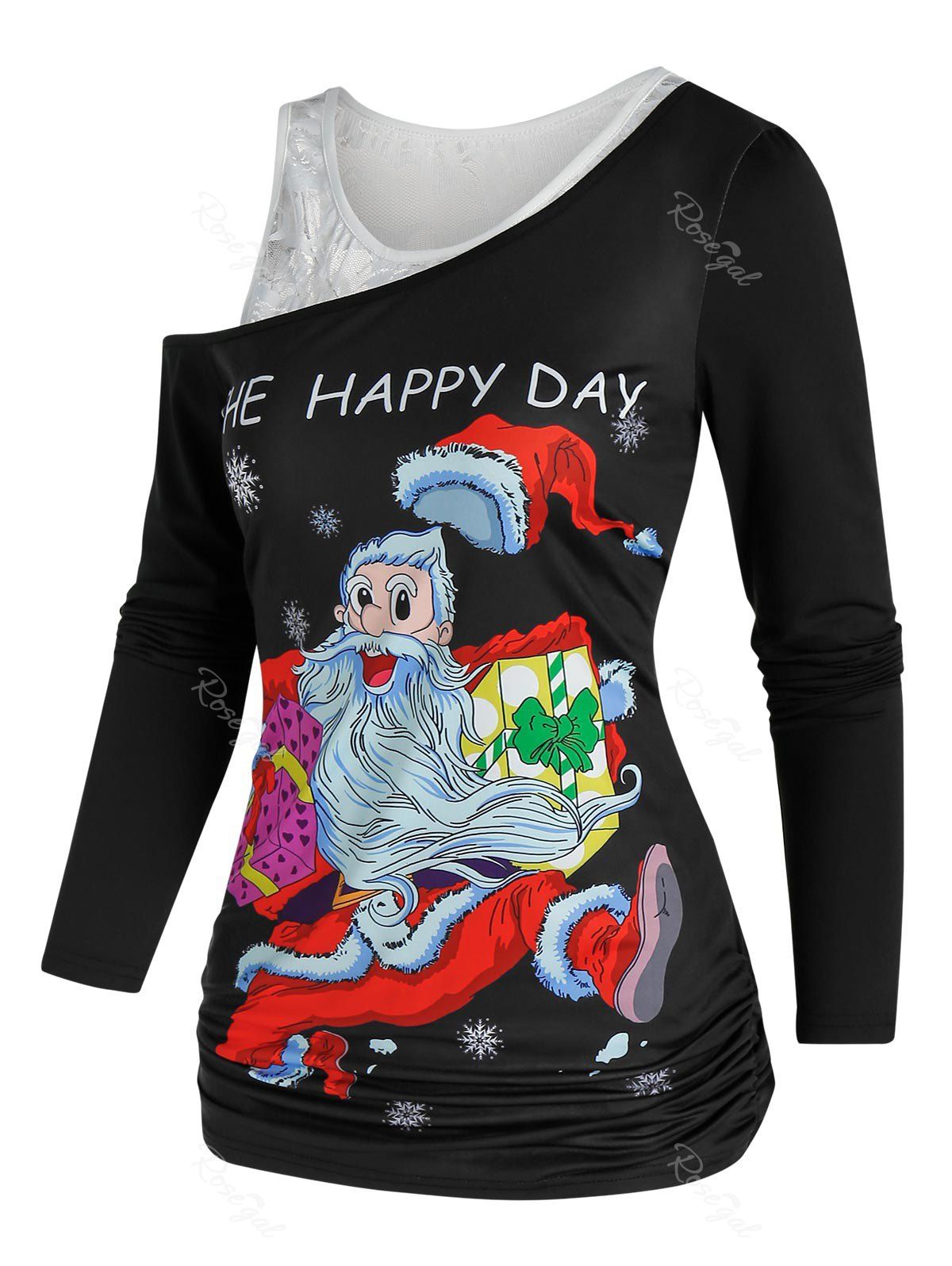 

Christmas Santa Claus Print Tee and Lace Top Set, Black