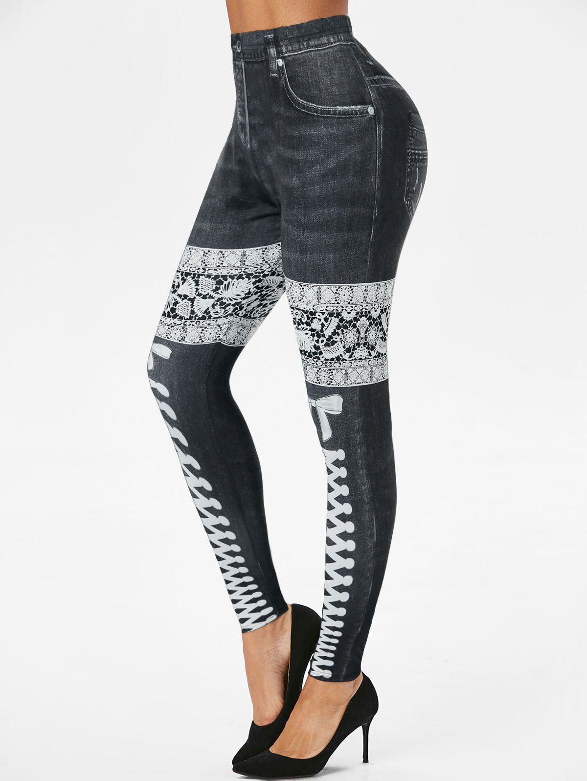 

3D Lace Up Denim Print Skinny Jeggings, Black