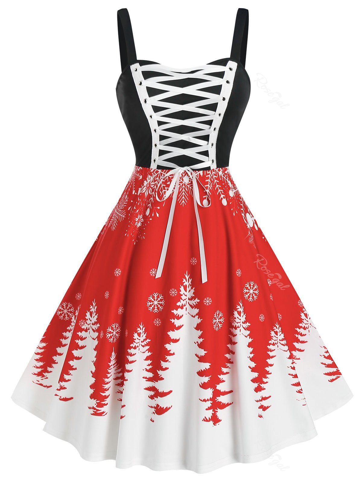 

Christmas Tree Print Lace Up Dress, Red