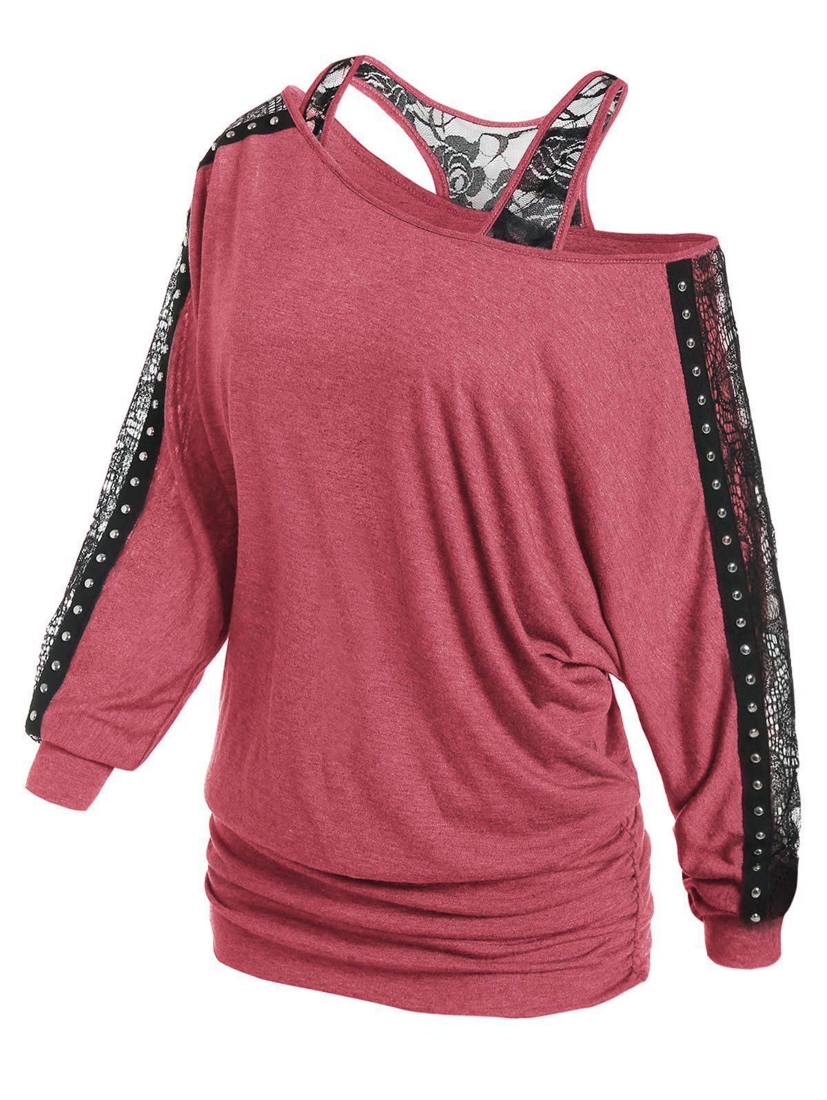 

Cold Shoulder Skull Lace Panel Blouson T Shirt, Cherry red