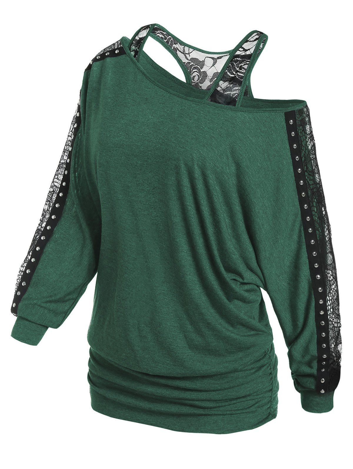 

Cold Shoulder Skull Lace Panel Blouson T Shirt, Dark forest green