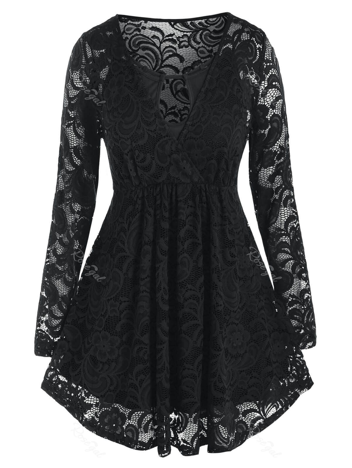 

Plus Size Surplice Lace Blouse and Keyhole Camisole Set, Black