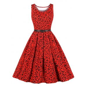 

Allover Print A Line Vintage Dress, Red