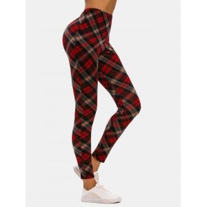 

High Waisted Plaid Jersey Leggings, Deep red