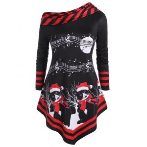 

Musical Note Print Christmas Cat Stripes Panel Plus Size Top, Red