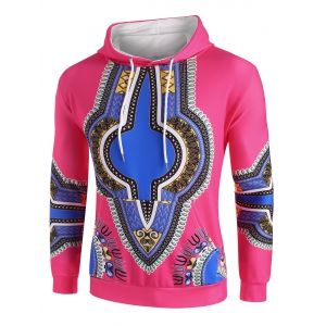 

Kangaroo Pocket Dashiki Print Drawstring Hoodie, Dark carnation pink