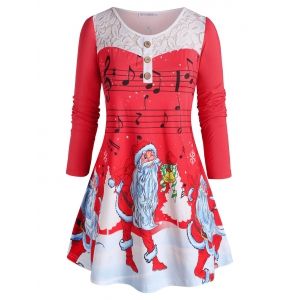

Plus Size Christmas Claus Musical Notes Lace Panel Long Sleeve Tee, Red