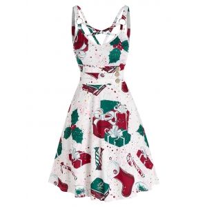 

Christmas Gifts Socks Print Strappy Sleeveless Dress, Red