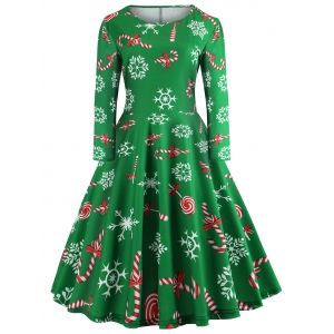 

Plaid Heart Snowflake Elk Christmas Long Sleeve Dress, Deep green