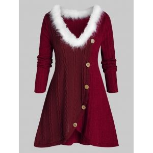 

Plus Size Fluffy Collar Button Asymmetric Sweater, Red wine
