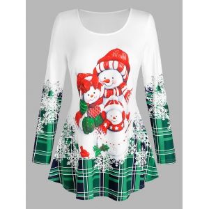 Plus Size Snowman Christmas Long Sleeves T Shirt, White