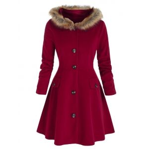 

Plus Size Hooded Faux Fur A Line Single Breasted Coat, Red wine